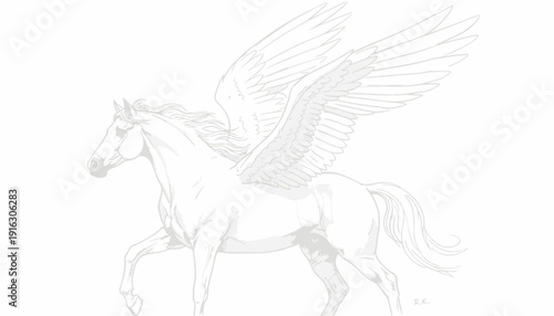 Majestic Pegasus Horse with Wings Spread in Flight, Mythical Creature Drawing