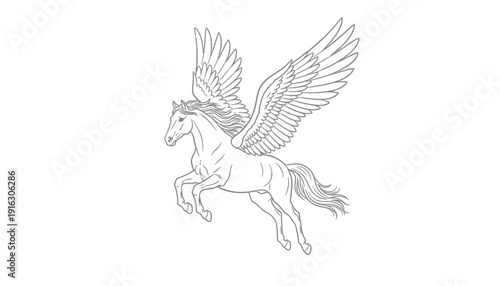 Majestic Pegasus Horse with Wings Flying, Mythical Creature Line Art