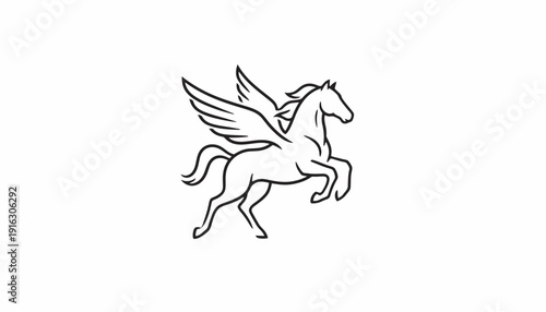 Majestic Pegasus Horse, Mythical Winged Creature, Line Art Illustration, White Background