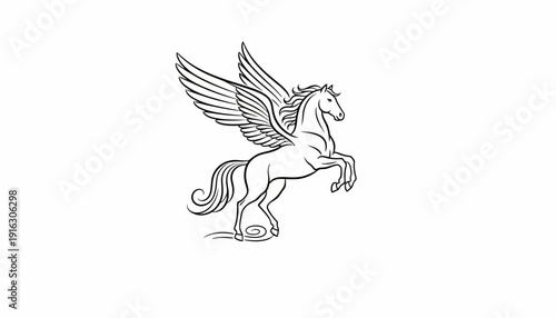 Majestic Pegasus Horse with Wings, Mythological Creature, Line Art Illustration