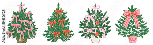 Cute Hand Drawn Christmas Tree Set with Pink and Red Ribbons and Bows for Holiday Decoration and Winter Greeting Card Vector Illustration
