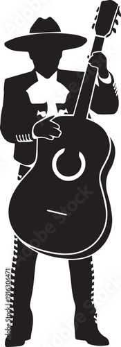 Mariachi musician playing guitar silhouette vector illustration line art musician