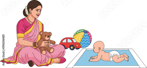 Flat vector illustration of an Indian mother in a pink saree sitting with a teddy bear while watching her baby crawl on a mat.