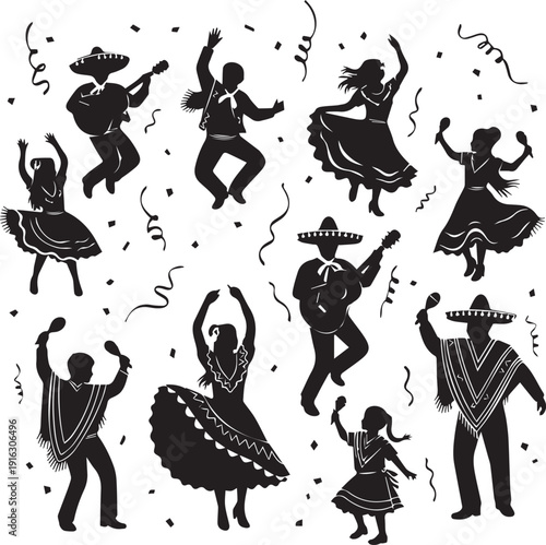 Mexican people dancing and playing music with maracas and guitars vector illustration