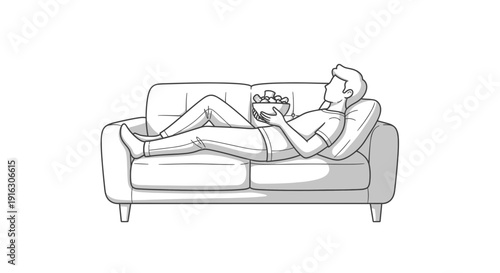 Man relaxing on sofa watching TV with popcorn, enjoying leisure time at home