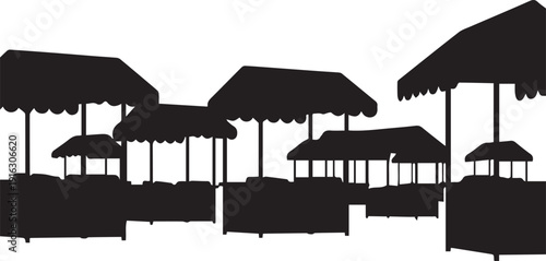 Street food market stalls silhouette vector illustration line art outdoor event