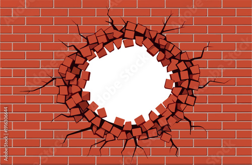 A large hole smashed through a red brick wall with debris scattered around the edges