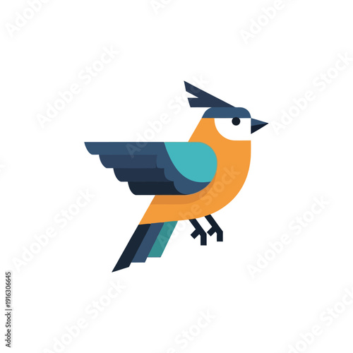 Stylized Geometric Bird Illustration, Minimalist Design, Orange and Blue