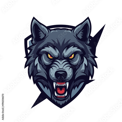 Aggressive Wolf Head Emblem with Lightning Bolt - Fierce Animal Mascot Logo