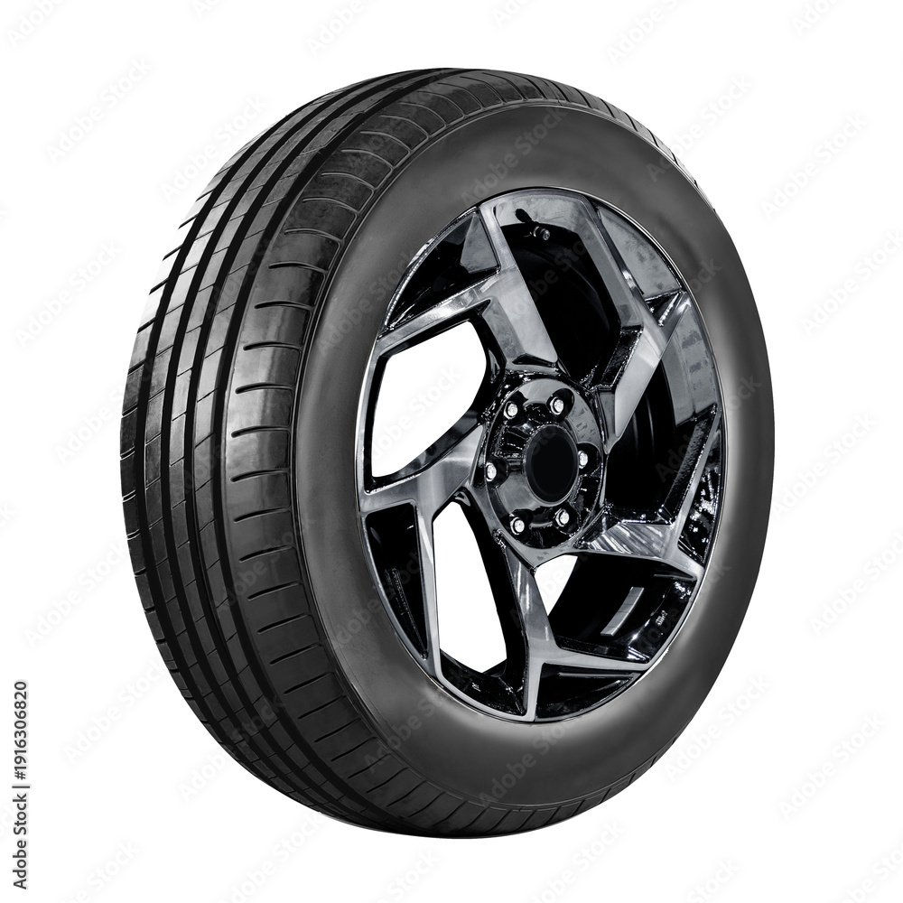 Obraz premium Car wheel , alloy wheel black color side view isolated on a white background