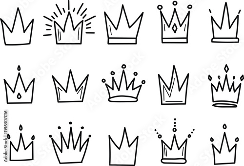 Hand-drawn vector doodle crowns set, featuring various simple black outline royal headwear designs isolated on a transparent background, ideal for icons or graphic elements.