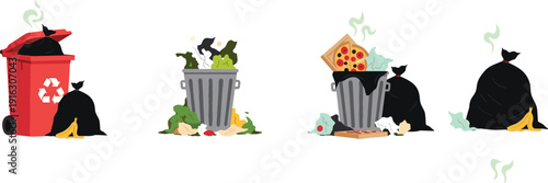 Flat vector illustration set of garbage cans, overflowing trash bins, recycling containers, and black waste bags with food scraps and litter