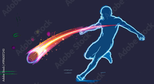 Dynamic soccer player kicking ball with glowing trail