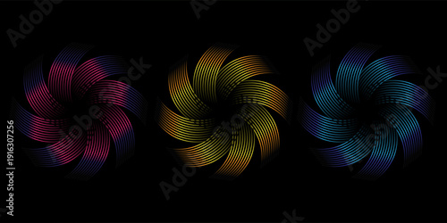 pink, yellow, blue metal circle frames 3d vector realistic illustration. First, second and third place medals or buttons isolated on black background. Certified. Quality blank, empty badge set.