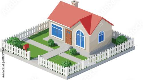 Isometric 3D vector illustration of a suburban residential house with red roof, white picket fence, green lawn, garden bushes, and mailbox.