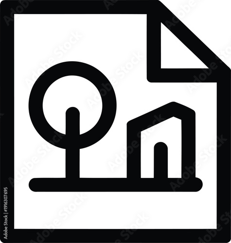 Real estate contract document icon. Vector outline design. Property agreement file with house and tree symbol. Mortgage and ownership concept.