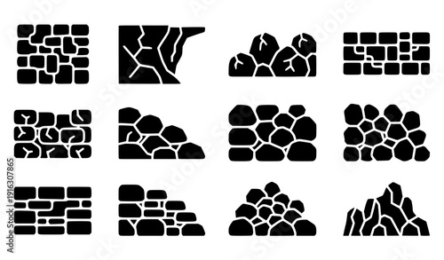 Boulder wall glyph icon set vector black stone rock construction symbols isolated on transparent background