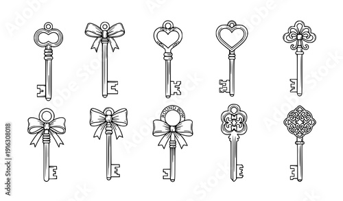 Vintage ornate key line icon set vector antique skeleton keys isolated on transparent background