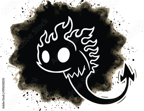 Cute cartoon devil with flames and tail on black splatterv