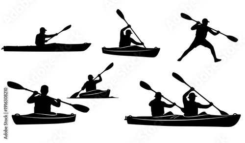 Kayak paddling silhouette set vector outdoor adventure kayaker poses isolated on transparent background