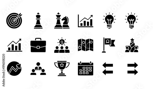 Business strategy glyph icon set vector planning growth success symbols isolated on transparent background