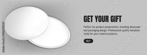 3d gift box top view mockup on banner background. Luxury happy birthday promotion for shopping. Merry Christmas festive elegant product above. Header with secret cardboard package for anniversary.