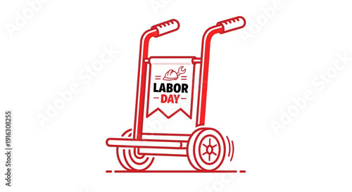 Labor Day Hand Truck Dolly with Festive Banner, Red Outline Illustration