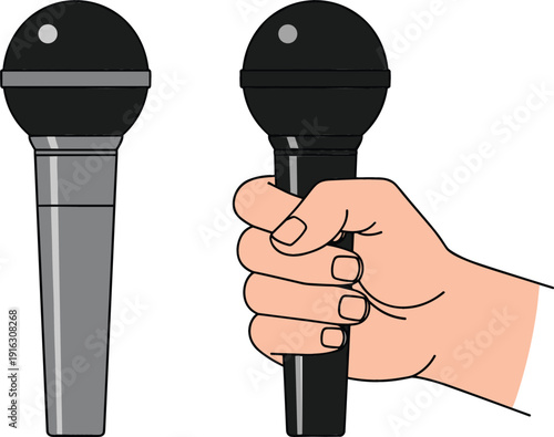 Professional microphone vector illustration featuring a standalone vocal mic and a hand holding a microphone for podcasting and broadcasting.