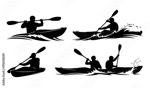 Outdoor kayak silhouette set vector paddling adventure on water isolated on transparent background