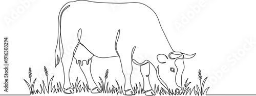 Minimalist line art illustration of cow grazing in field, black and white vector design symbolizing agriculture, nature, and rural simplicity