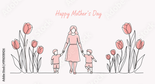Mother’s Day illustration with woman and children walking among tulips, elegant vector design celebrating family love, motherhood, and appreciation