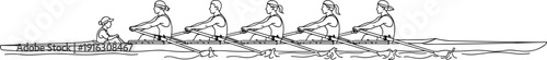 Rowing team illustration with rowers and coxswain, black and white vector line art design symbolizing teamwork, coordination, and water sport