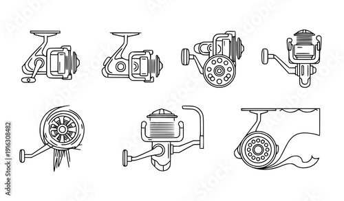 Fishing reel thin line icon set vector angling outdoor sport gear isolated on transparent background