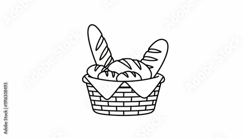 Line Art Basket of Freshly Baked Bread, Baguettes and Rolls
