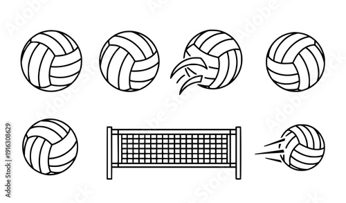 Volleyball line icon set vector minimalist sports ball outline symbols isolated on transparent background
