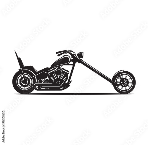 blackandwhite illustration of a chopper motorcycle with long front fork