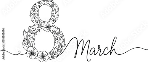International Women’s Day floral typography with number 8 and March text, elegant vector design celebrating feminine empowerment and global observance