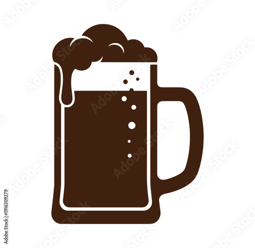 Brown beer mug with foam on top isolated on white background