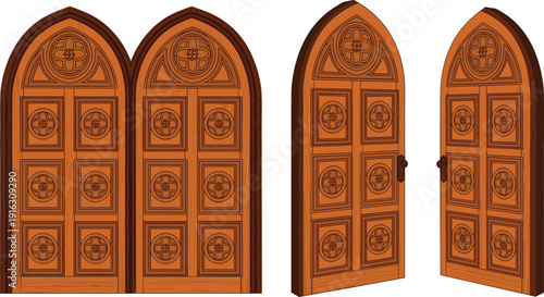 Set of ornate gothic arched wooden doors with decorative carvings shown from front and perspective angles for architecture and fantasy design.