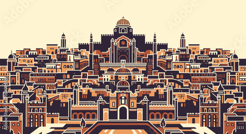 Majestic Fortified Hilltop City Panorama with Temples and Towers Graphic