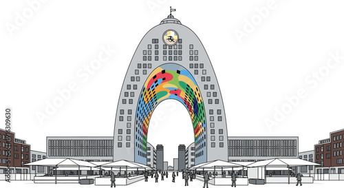 Modern Architectural Landmark Featuring Vibrant Interior Mural and Bustling Market