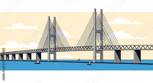 Modern Cable Stayed Bridge Design Spanning Water with Sailboats Below