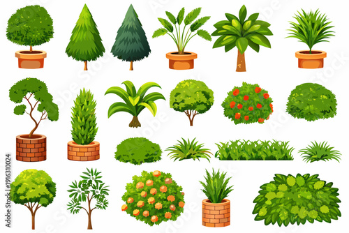 Collection of various potted and natural green trees and shrubs