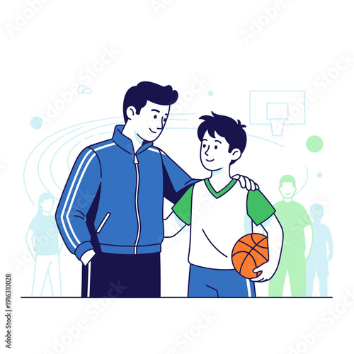Coach with arm around young basketball player, smiling, sports teamwork, outdoor court
