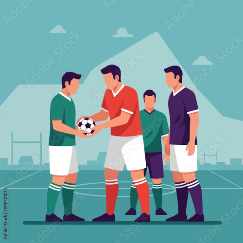 Soccer players exchanging ball on field with mountain backdrop