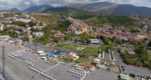 Panoramic aerial view of the seafront and the city of Scalea, located in the province of Cosenza, Italy. It is a summer tourist destination on the Tyrrhenian coast of Calabria. It's a summer morning.