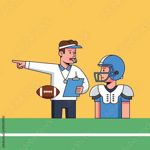 American Football Coach Instructing Player on Field