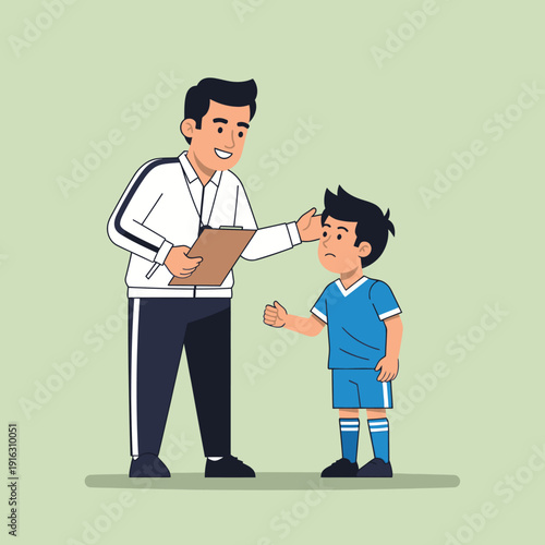 Coach encouraging young soccer player after game, positive reinforcement, sports teamwork