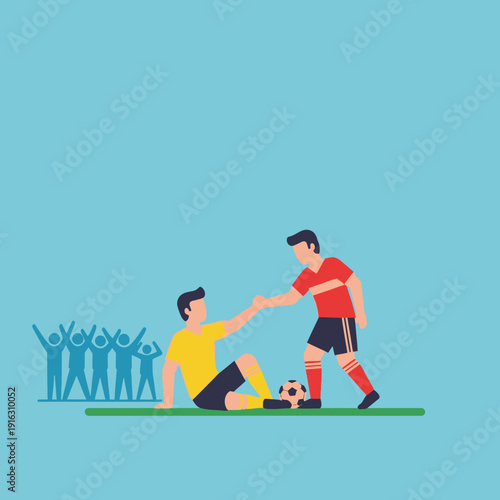 Soccer player helping teammate up after fall, sportsmanship, teamwork, victory celebration