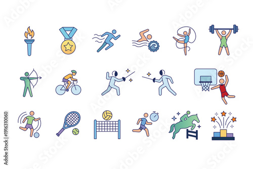Vibrant flat line vector icons illustrating various individual and team sports, athletic competitions, and achievement symbols in a modern graphical style
